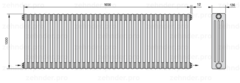 Схема (чертеж) Радиатор Zehnder Charleston 4100/36 №2670 Белый глянцевый RAL 9016